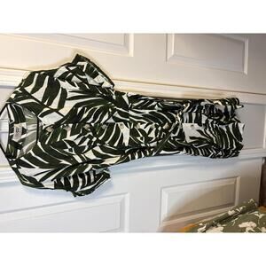 SIXDO Women's Button-Front Midi Dress with Green Leaf Print Size XL 287